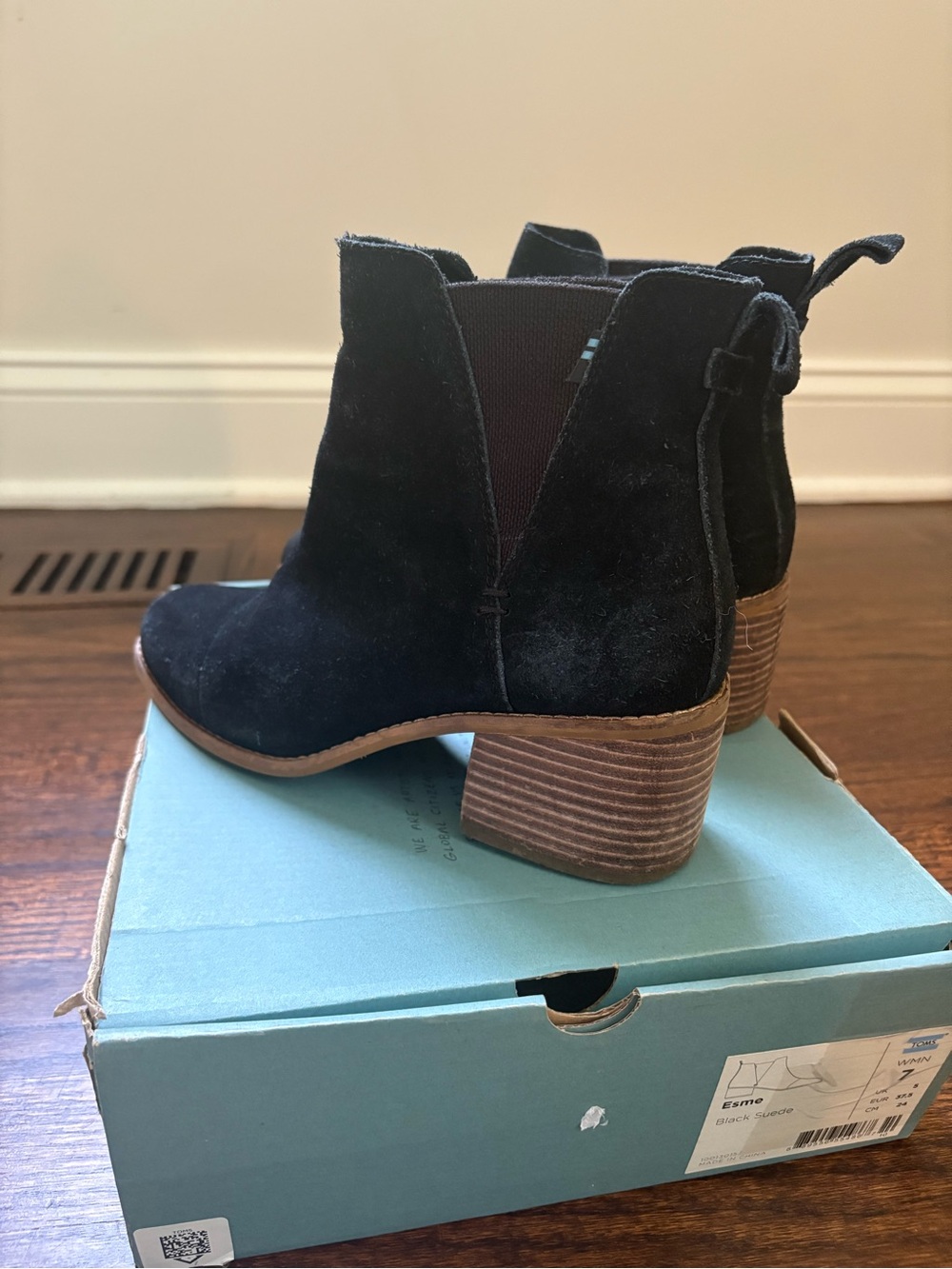 Toms Women's Black Suede Ankle Boot with Stacked Heel- 7